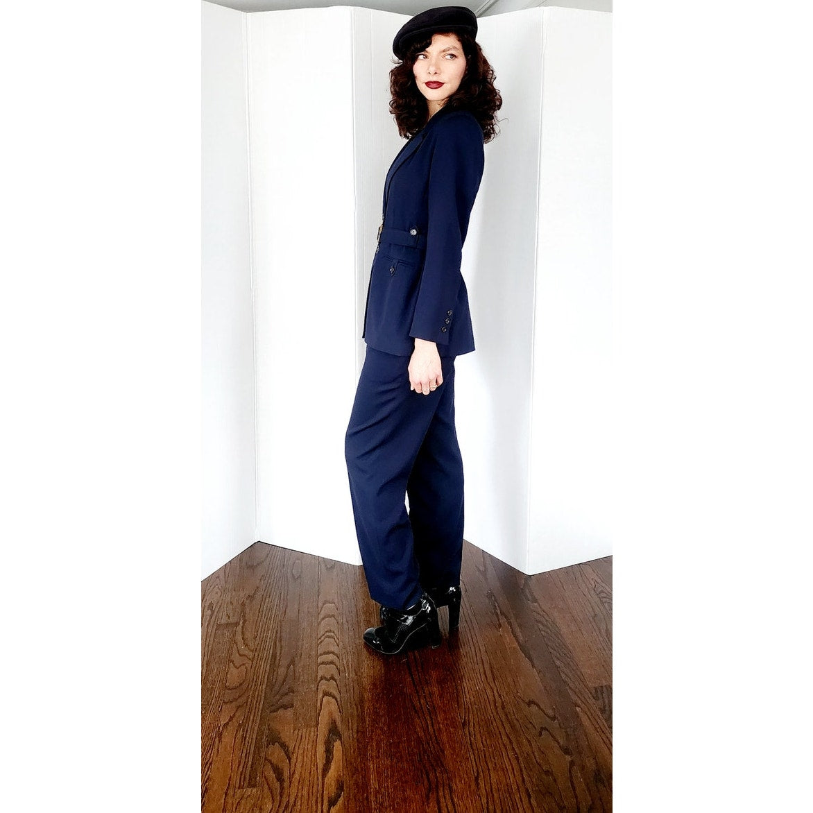 Vintage 90s Navy Blue Pant Suit w/Belted Blazer Kasper /S