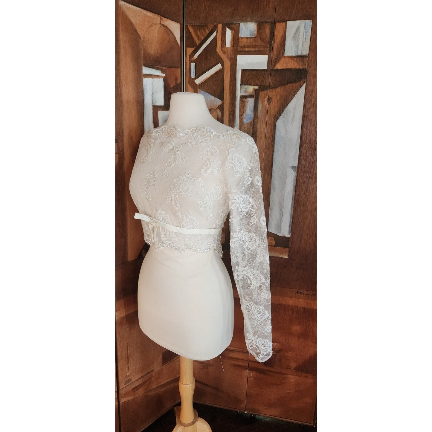 Vintage 50s Bridal Top Jacket Sheer White Lace & Sequins Long Sleeved