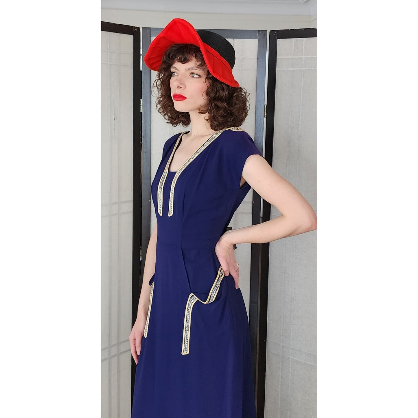 Vintage 40s Navy Blue Dress Beaded Rayon