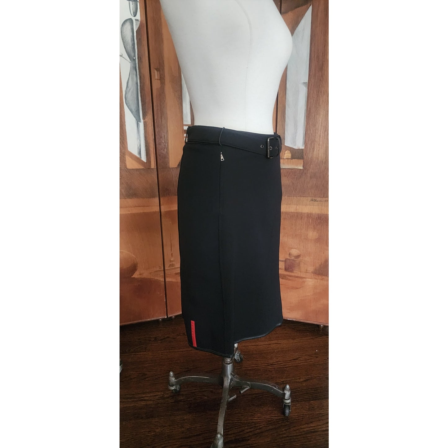 Archive Prada Sport AW 1999 Nylon Belted Technical A Line Skirt Linea Rossa Red Tab Size L