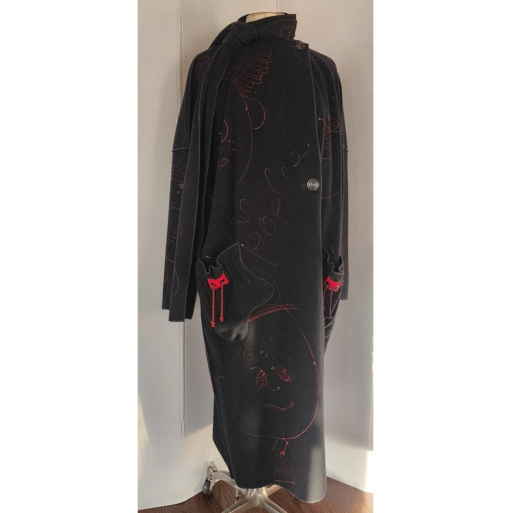 80s Black Slouch Coat Black Wool Red Graphics by Phobeau