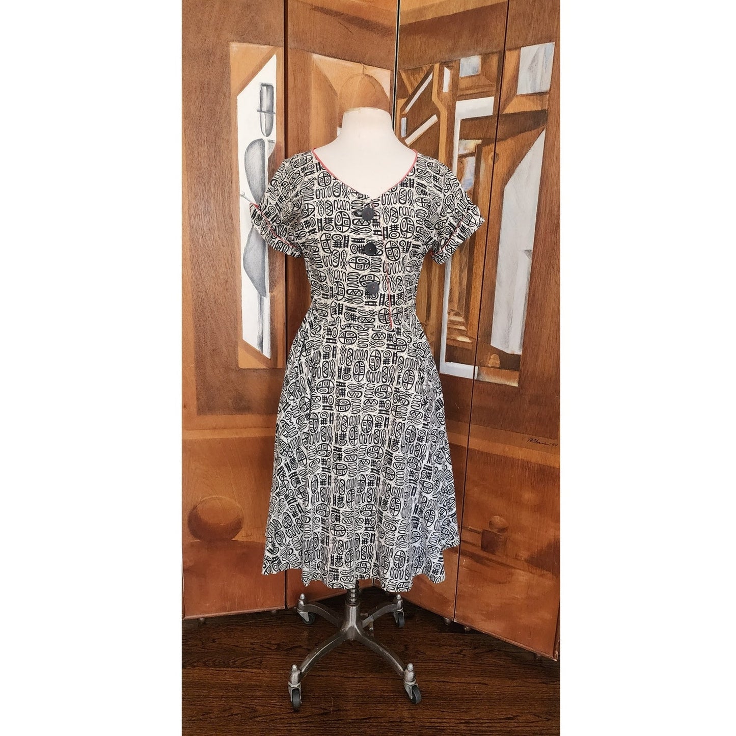 Vintage 50s Cotton Print Day Dress Black White MCM Tiki Pattern Rockabilly Short Sleeved / M