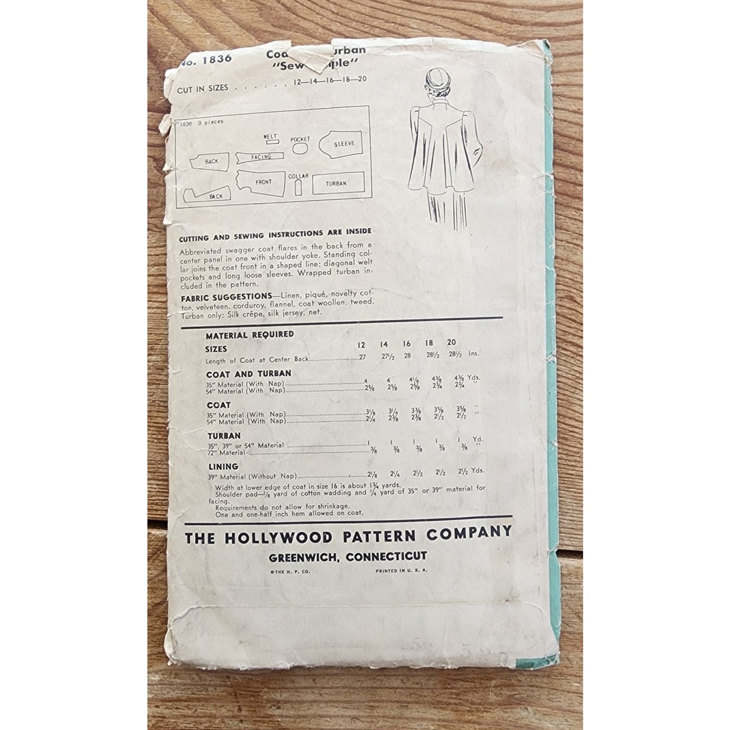 Vintage 1940s Sewing Pattern ORIGINAL: Swing Coat + Turban Hollywood 1836 Bust 32