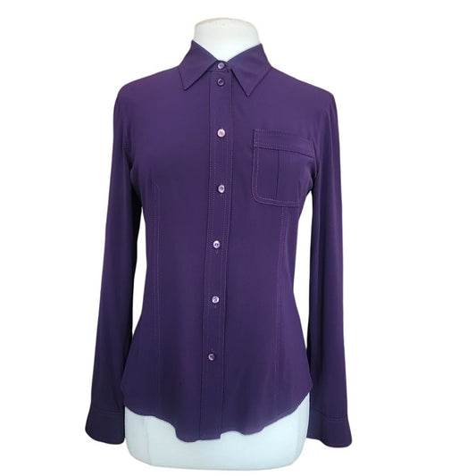 Y2K Prada Silk Blouse Purple Long Sleeve Single Pocket Button Down