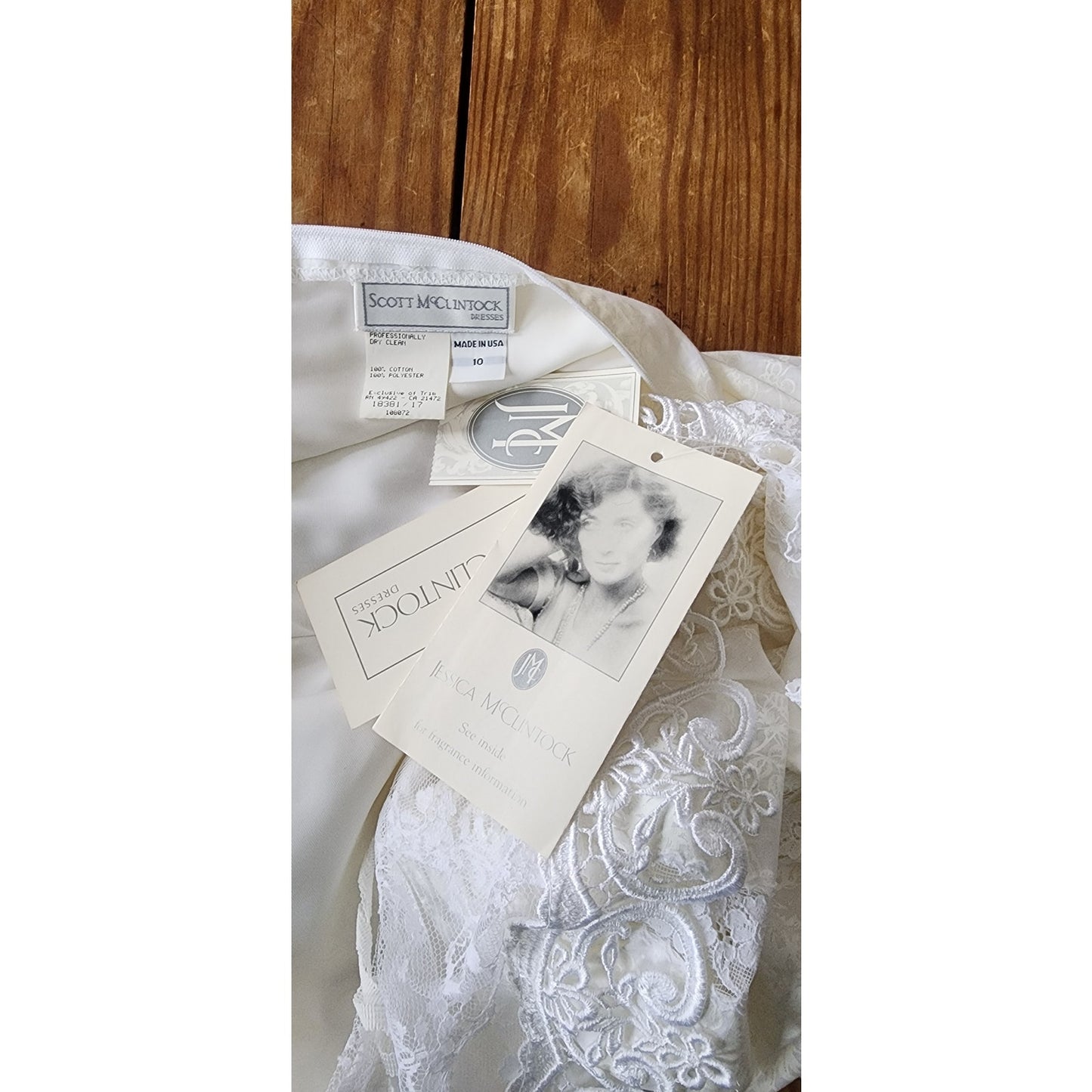 Vintage 80s Scott McClintock White Lace Dress Drop Waist Puffed Sleeves NWT