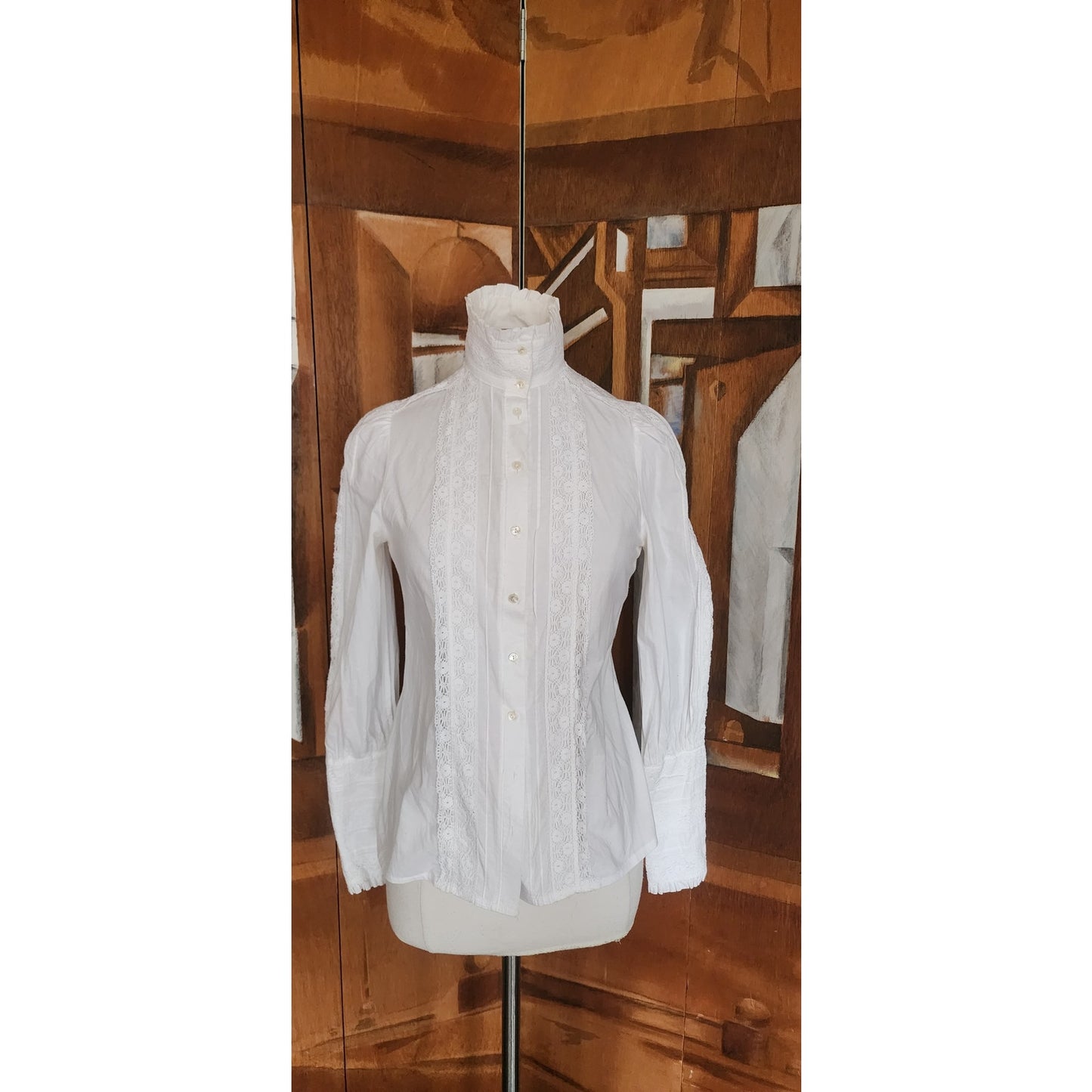 Vintage 80s LAURA ASHLEY White Ruffled Front Blouse Crochet Lace Button Down Shirt High Neckline