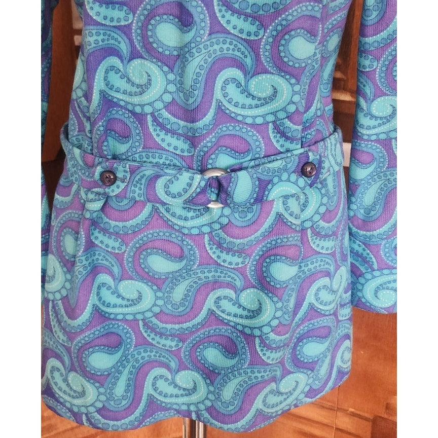 RARE 60s Vintage Blusen Horn German Designer Psychedelic Paisley Mod Tunic Top Blue Purple