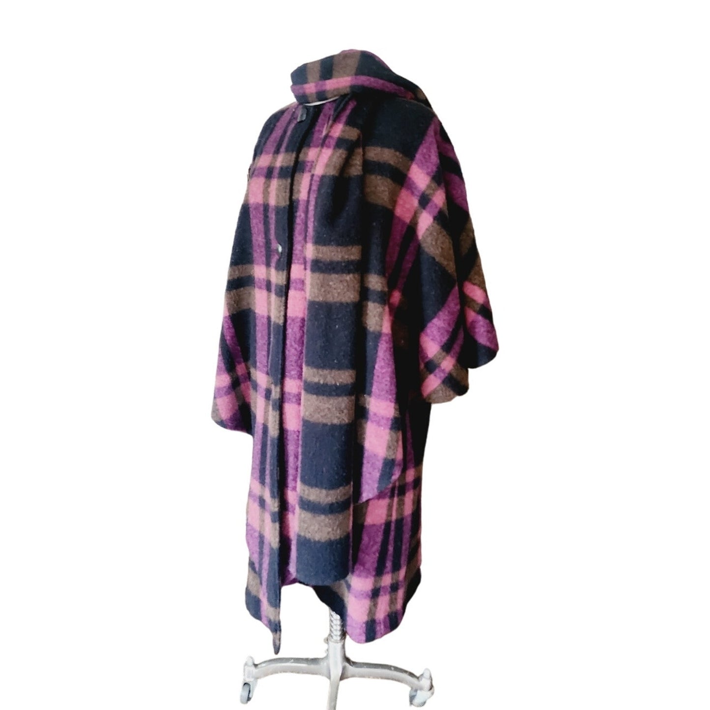 Vintage 1990s Purple Wool Plaid Poncho Cloak Coat w/Scarf