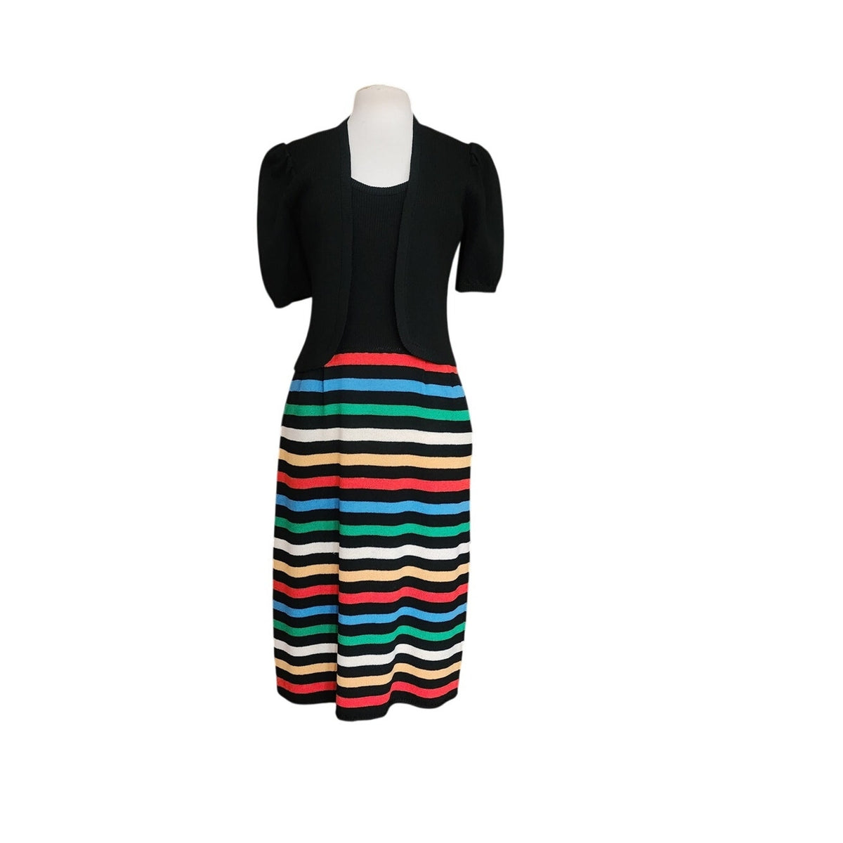 Vintage 1970s St John Dress Knit Rainbow Stripe Black Midi + Bolero Jacket