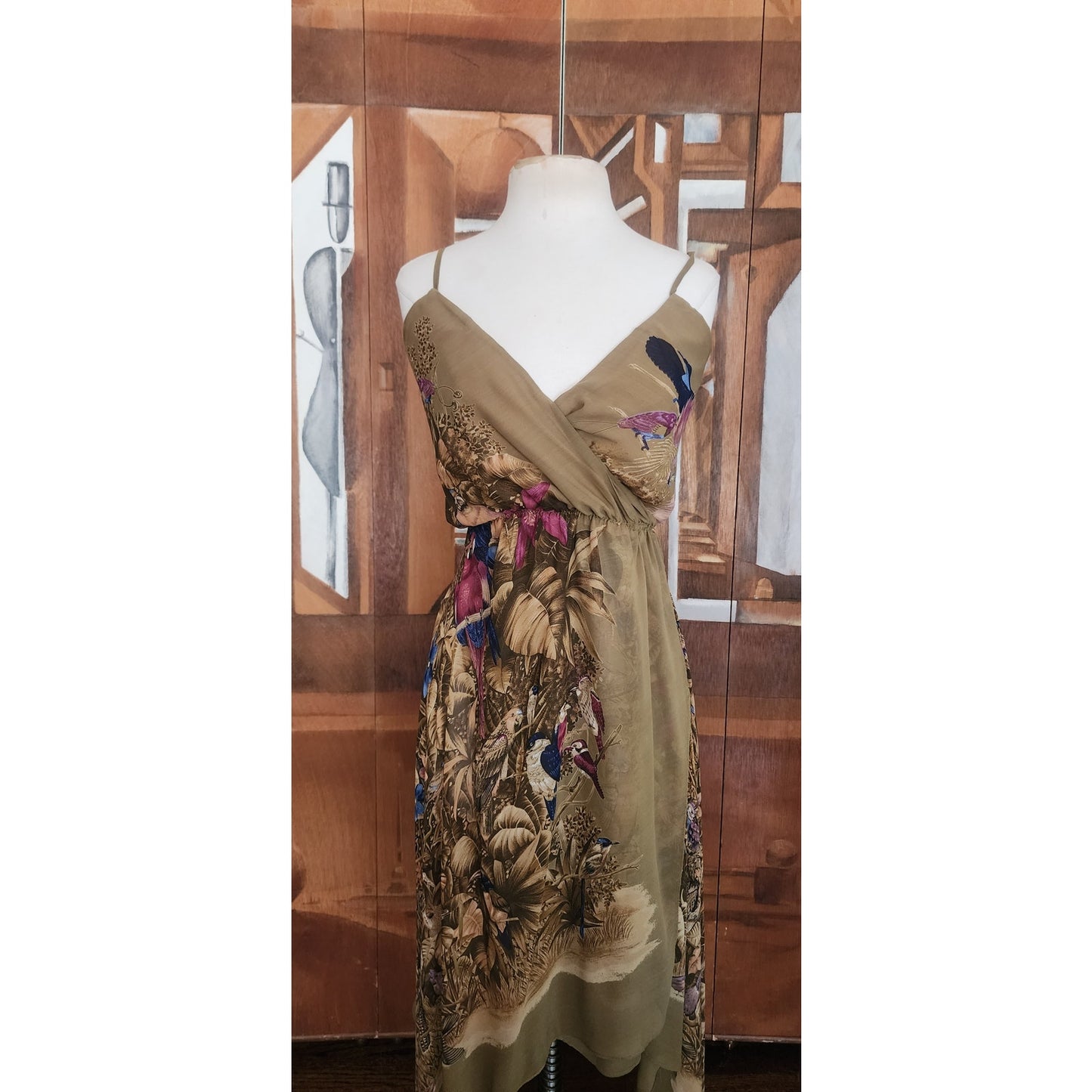 Vintage 1970s Gianni Versace RARE Dress Silk Tropical Parrot Print Spaghetti Straps