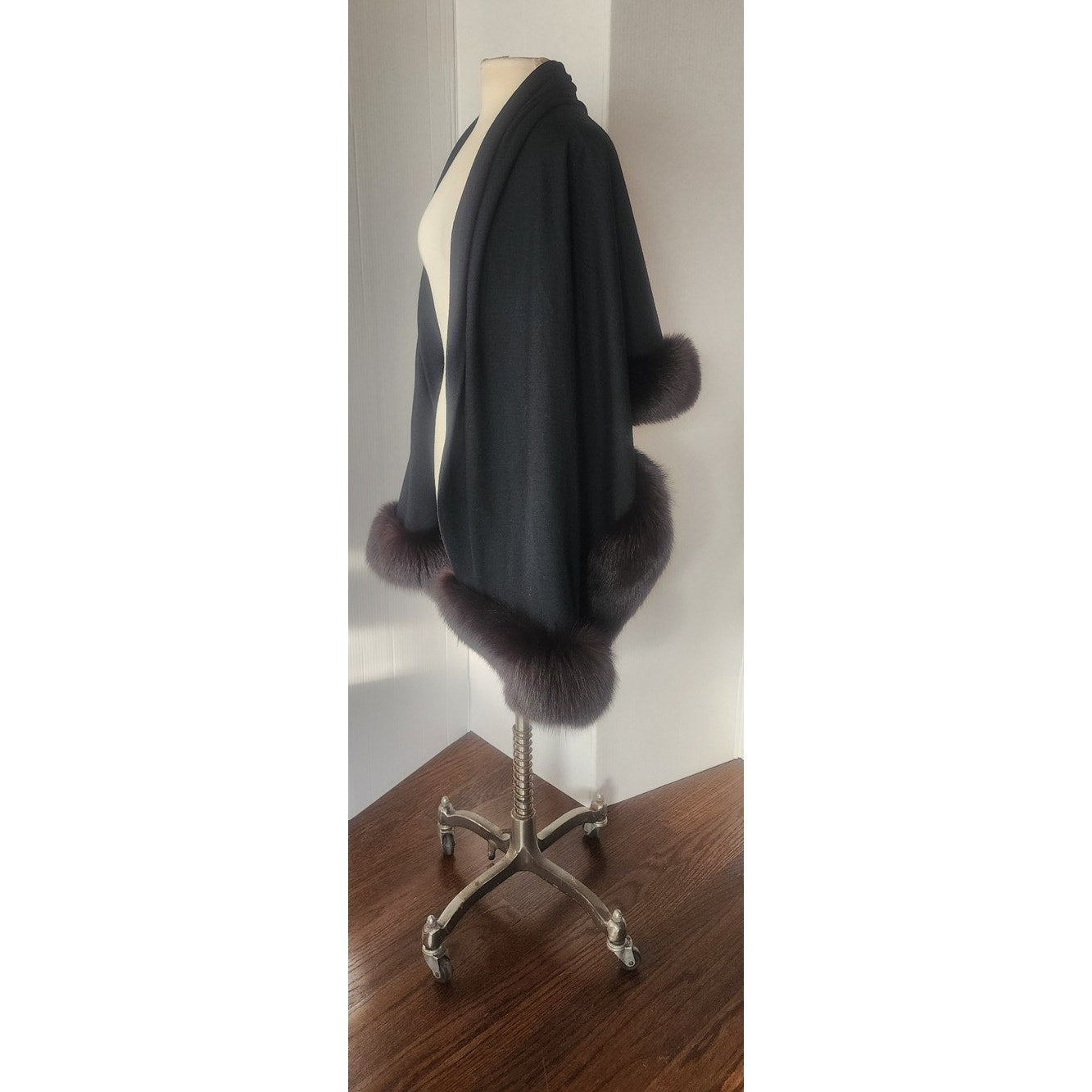 Vintage Sable Fur Lined Wrap in Black Wool