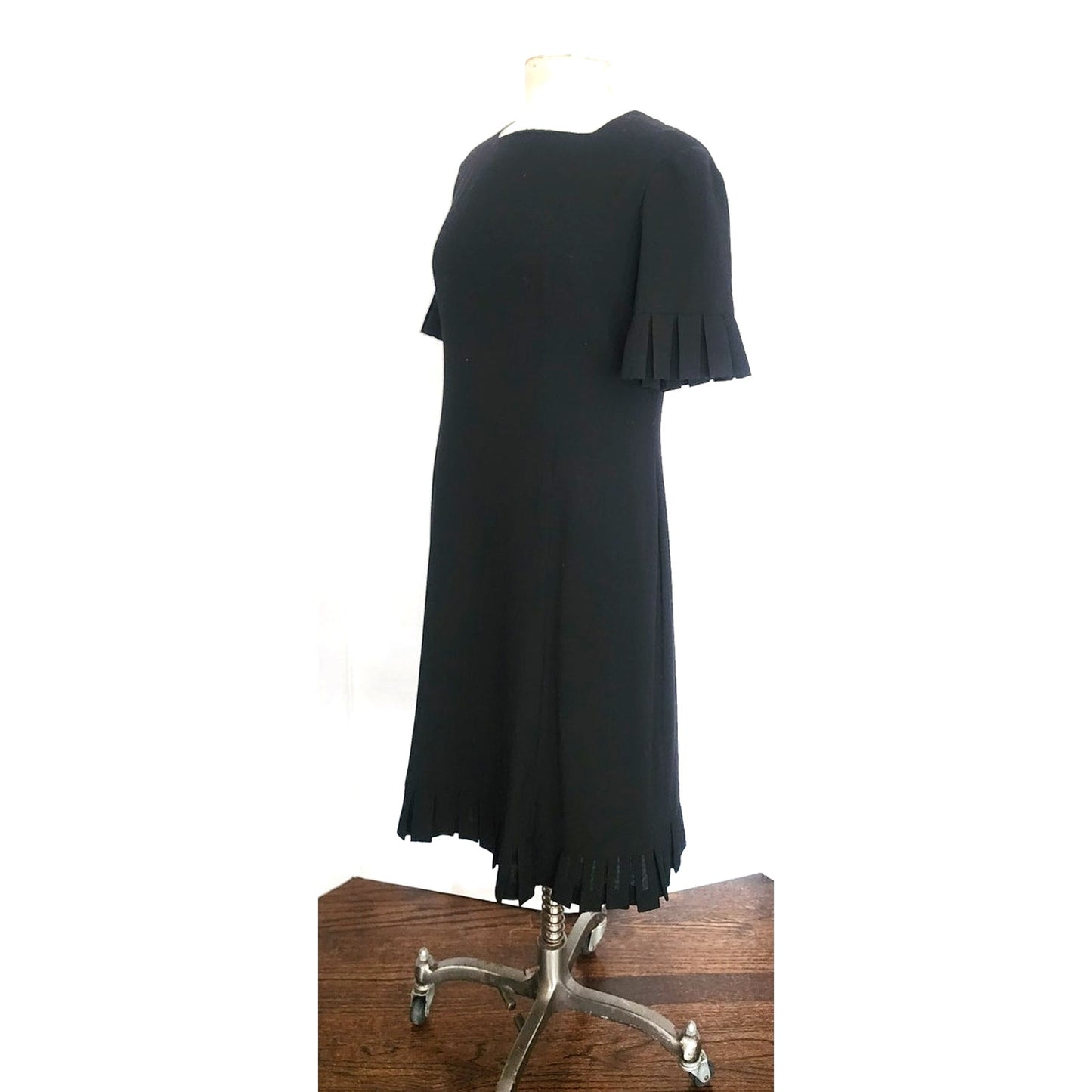 Vintage 60s Sorelle Fontana Dress Black Rayon Crepe w/Pleated Fringe Italian Designer