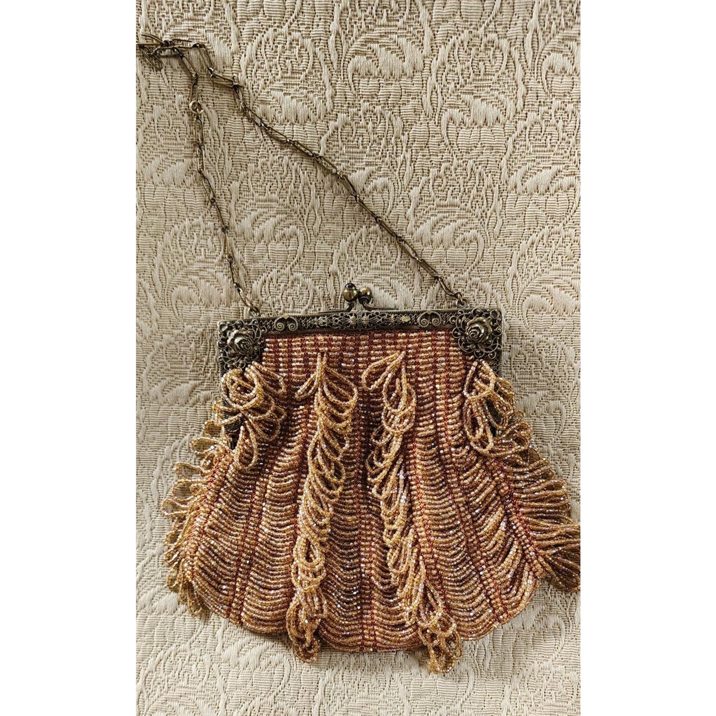 Vintage 1910s Glass Bead Bag Copper Looped Fringe France