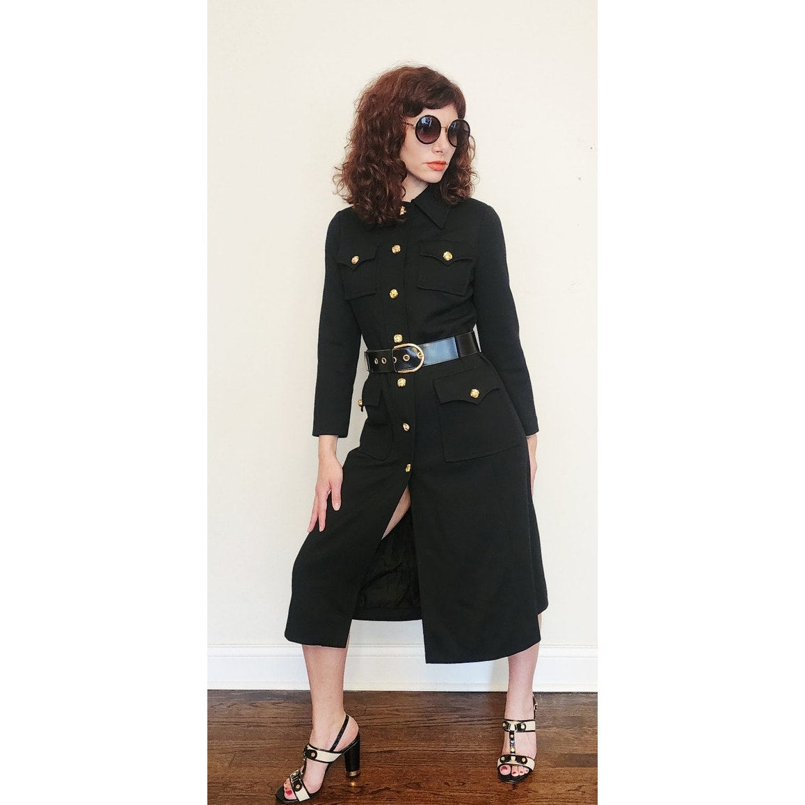 Vintage 1960s Dress Black Knit Wool + Gold Buttons, Belted by Gibi Italy