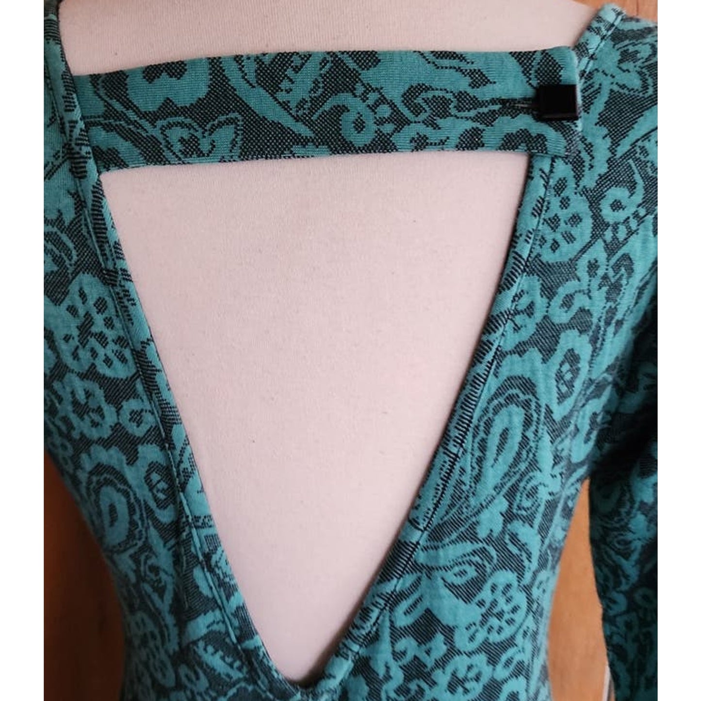 Vintage 80s Teal Blue Dress Black Floral Print, Keyhole Back Regina Kravitz