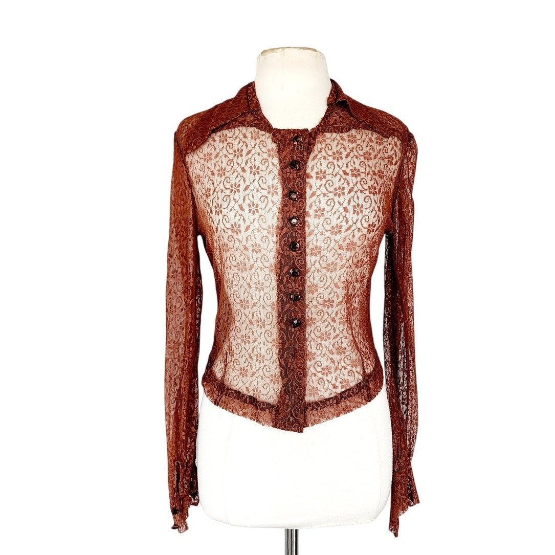 Vintage 70s Brown Lace Sheer Shirt