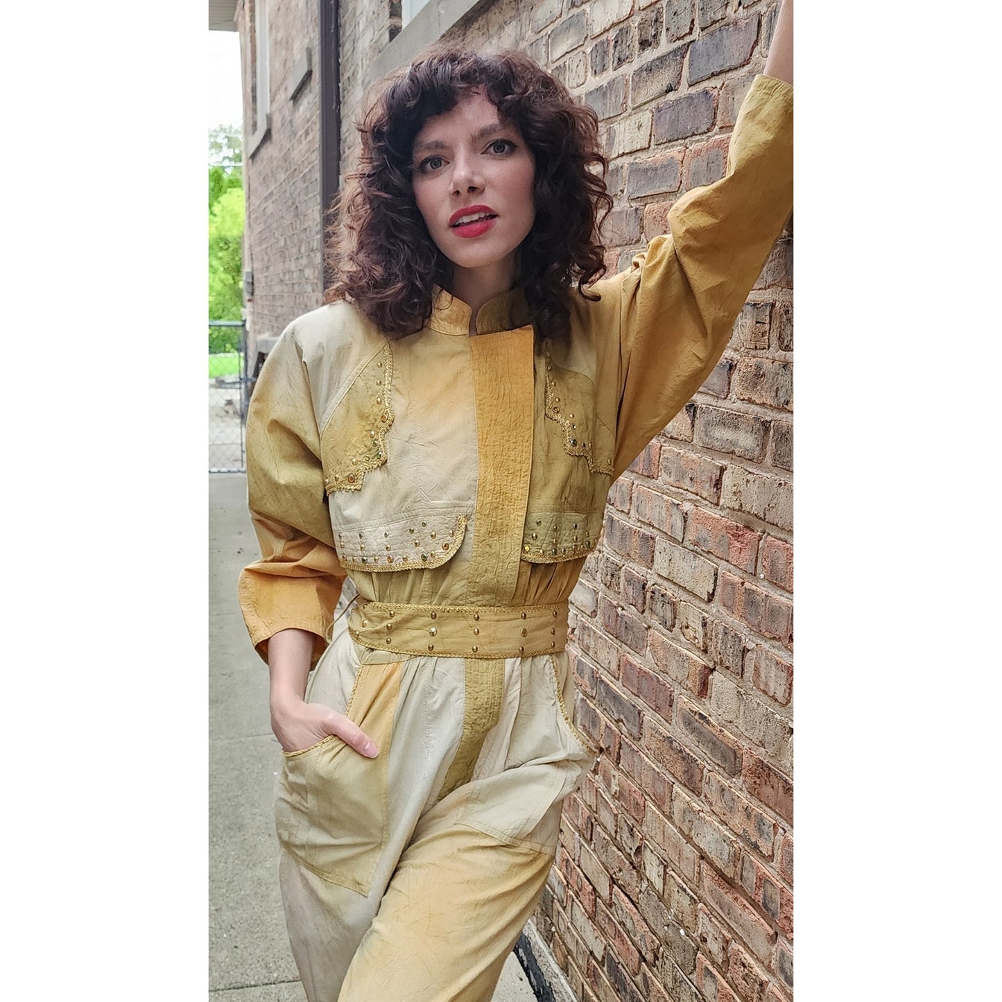 Vintage 80s Jumpsuit Yellow Gold Ombre w/Embroidered Studs Varda Garfinkel