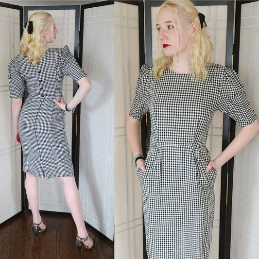 Vintage 80s UNGARO Dress Gingham Print Black White Back Buttons