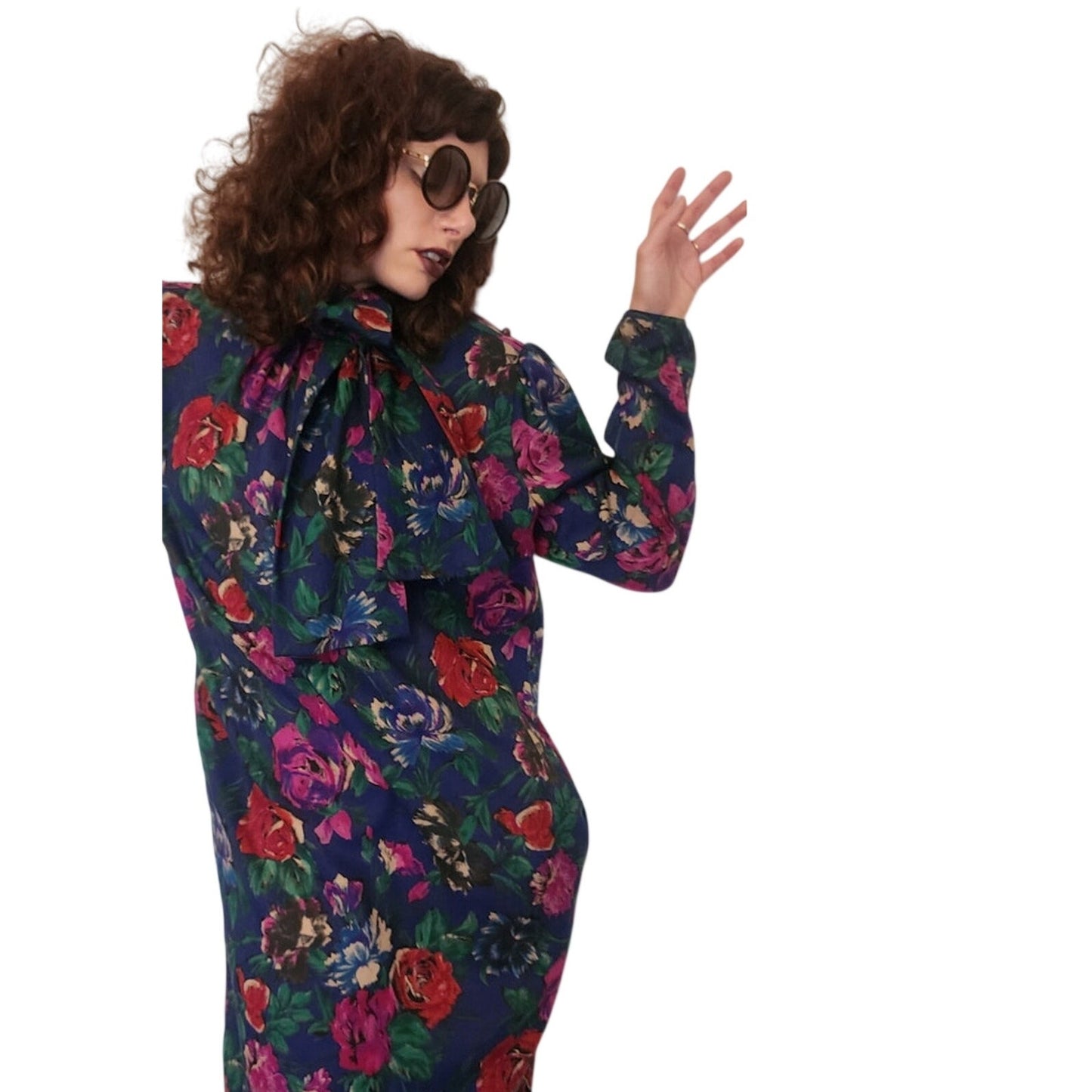 Vintage 1980s UNGARO Sac Dress Dark Floral Print Wool w/Sash Necktie / M