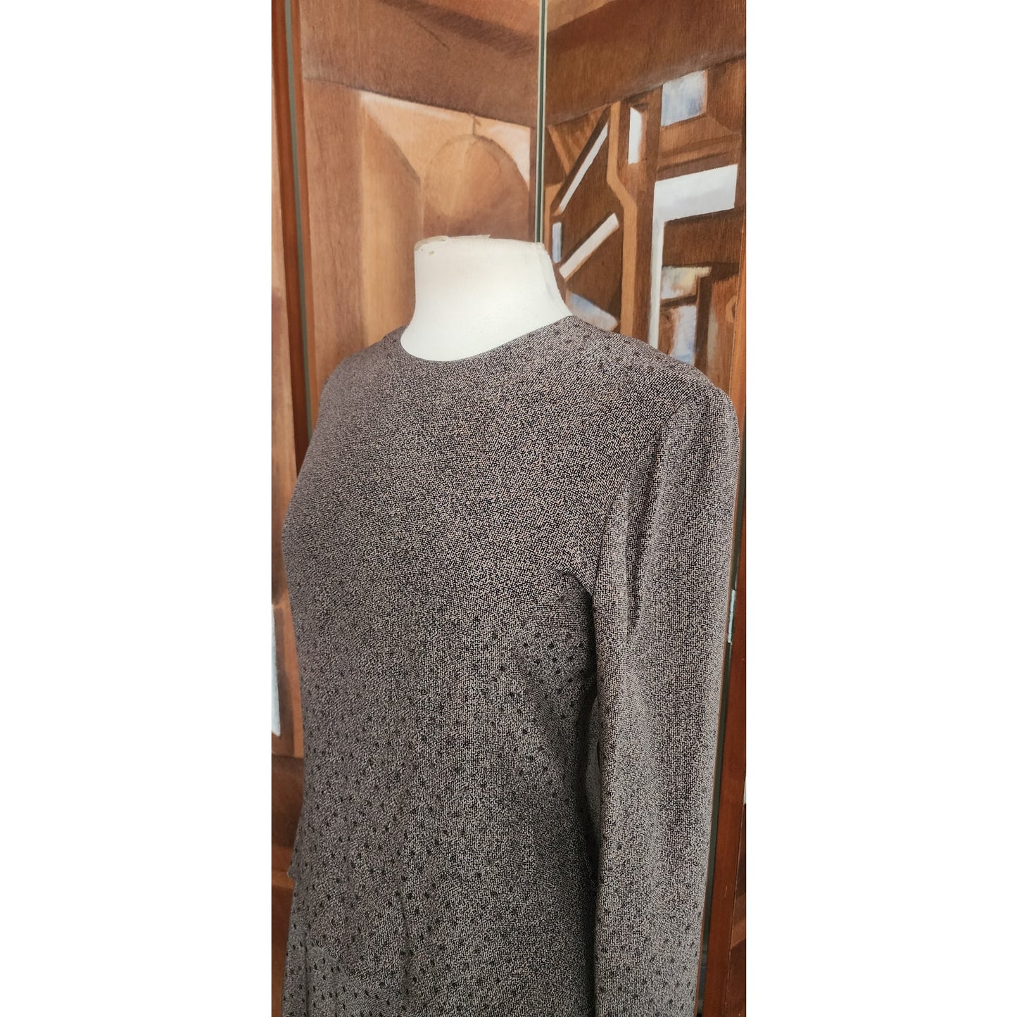 Vintage 1980s Giorgio Armani Dress Gray Silk Abstract Print Midi Long Sleeve