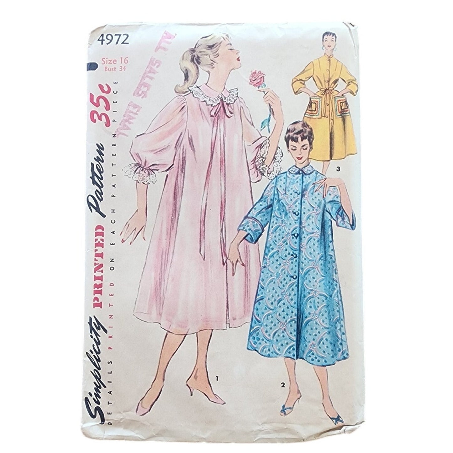 Vintage 1950s Sewing Pattern ORIGINAL: Duster Robe Housecoat Simplicity 4972