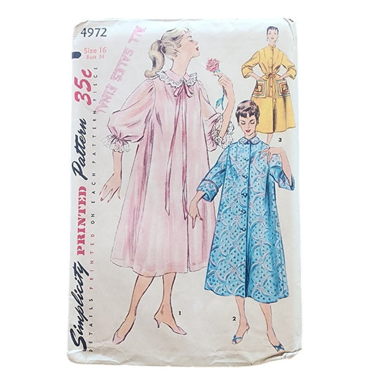 Vintage 1950s Sewing Pattern ORIGINAL: Duster Robe Housecoat Simplicity 4972