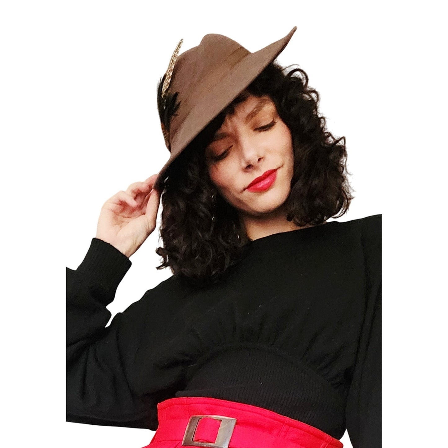 Vintage 1970s Brown Wool Ladies Hat w/Feather Wide Brim