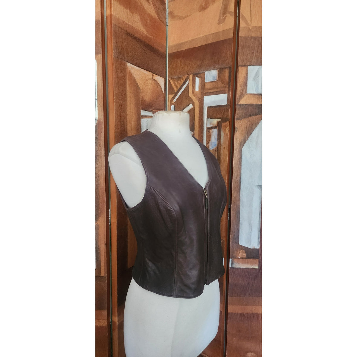 Vintage 1990s Brown Leather Vest Zip Front Karen Kane Vest Fitted Leather Minimalist