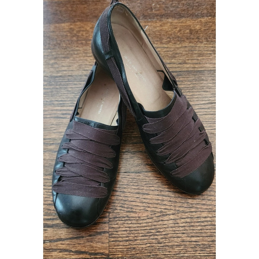 Vintage 1990s Dries Van Noten Shoes Black Leather Ballerina Flats Crisscross Ribbon Straps 39