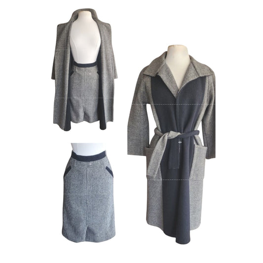 Vintage 90s Wool Coat + Skirt Set in ZigZag Stripe Grey Black / S