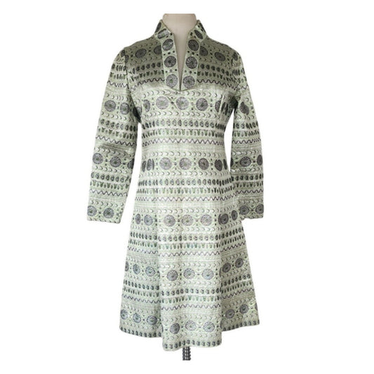 Vintage 60s Brocade Dress Silver Green Metallic Psychedelic Print