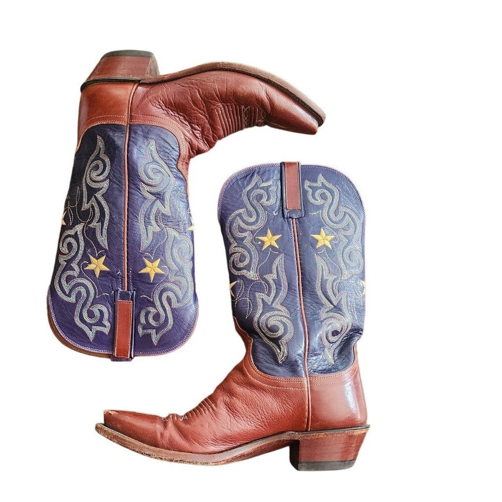 Vintage Y2K Lucchese 1883 Western Boots Blue Leather Star Embroidery Cowgirl Cowboy