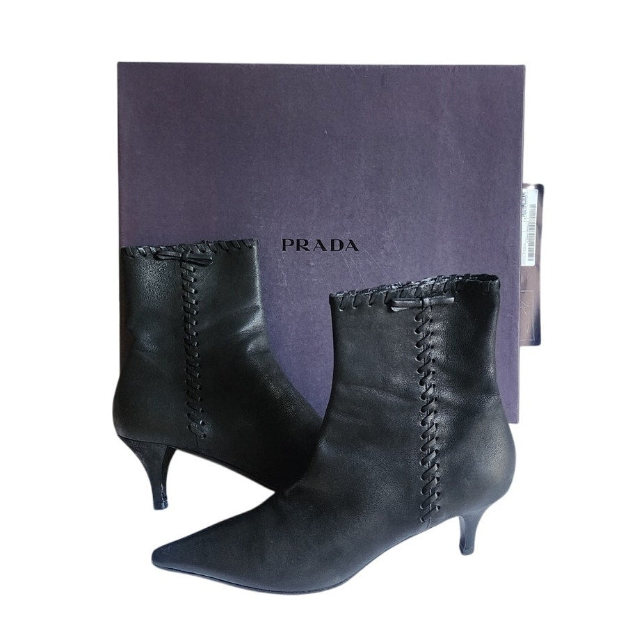 PRADA Ankle Boots Black Leather New in Box Size 38 VG++