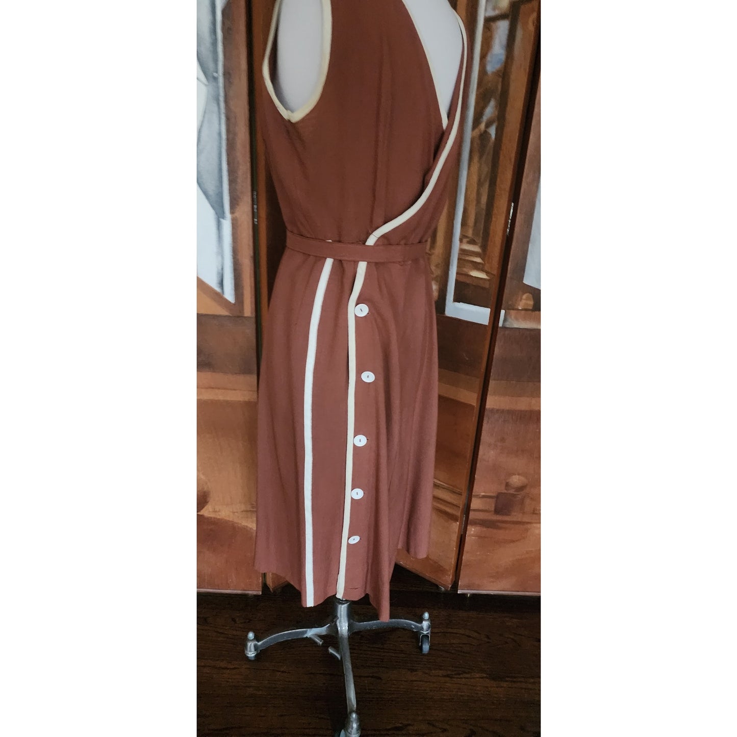 Vintage 40s Belted Day Dress in Brown & White Trim Unusual Double Pocket Design by Dawncrest