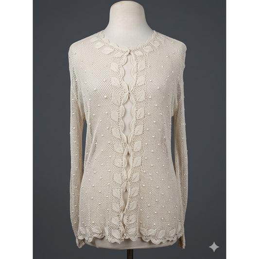 Vintage 1970s Tramo Knit Tunic Top Cream Silk Crochet Lace Long Sleeve Cottagecore Romantic Boho
