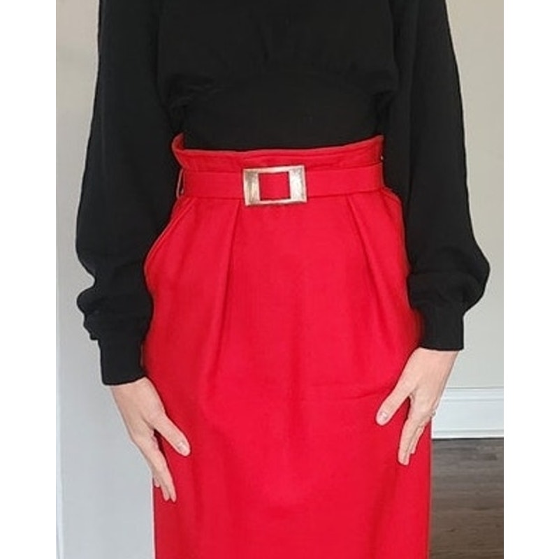 Vintage 1980s Red Wool Knee Skirt Guy Laroche Boutique Paperbag Waist + Belt