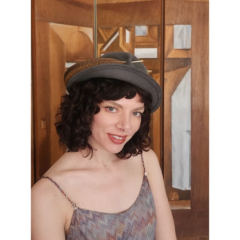Vintage 70s HALSTON Gray Wool Felt Fedora Hat w/ Feather Wide Brim