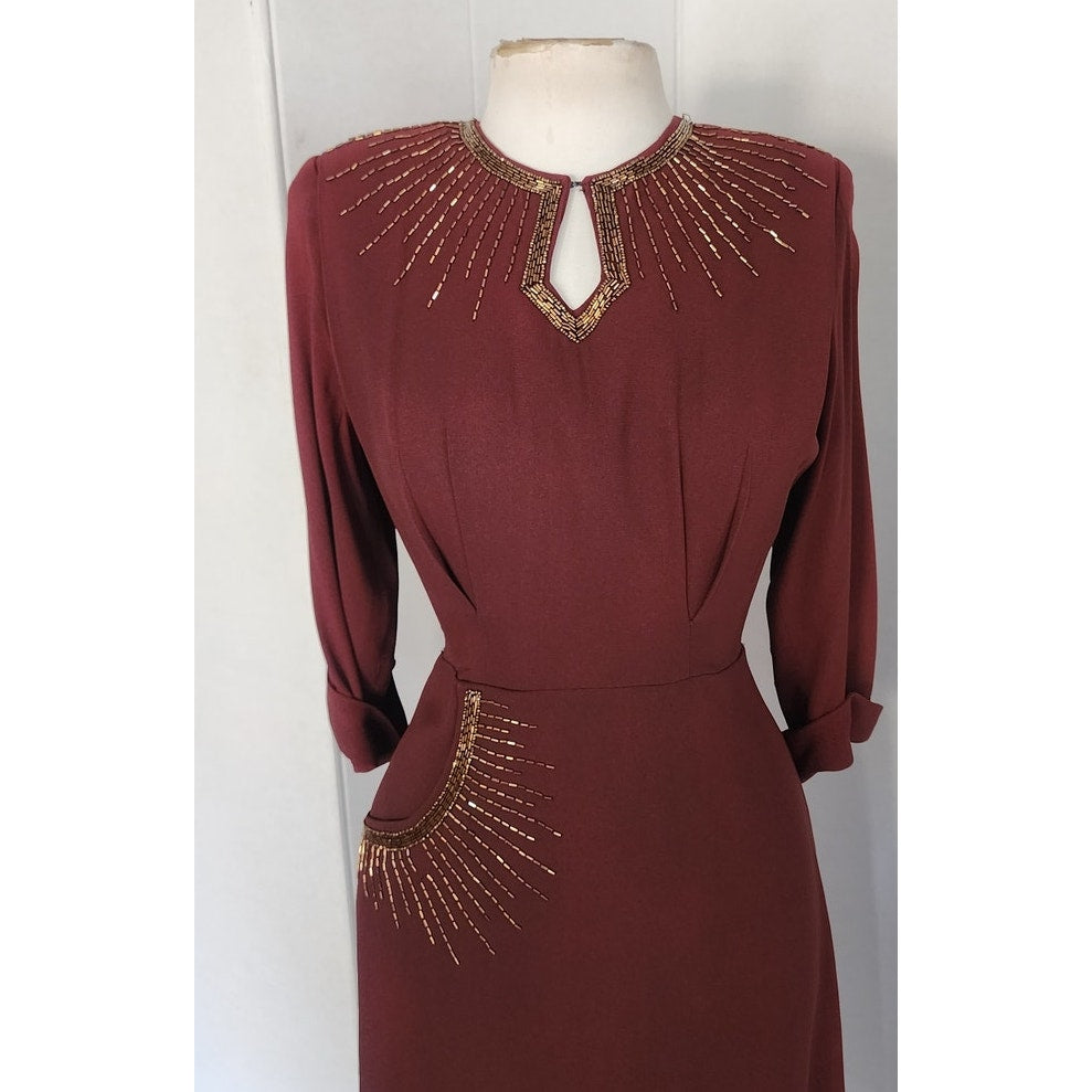 Vintage 1940s Beaded Dress in Brown Copper Crepe w/Keyhole Small