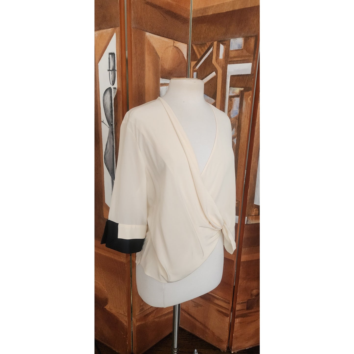 Vintage 90s Gianfranco Ferre Cream Silk Wrap Blouse Black Cuffs Asymmetrical Top