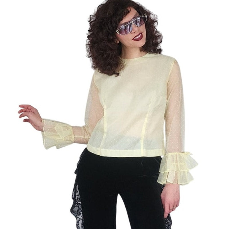 Vintage 70s Yellow Sheer Blouse Ruffled Sleeve Cuffs Dotted Swiss by Majorette