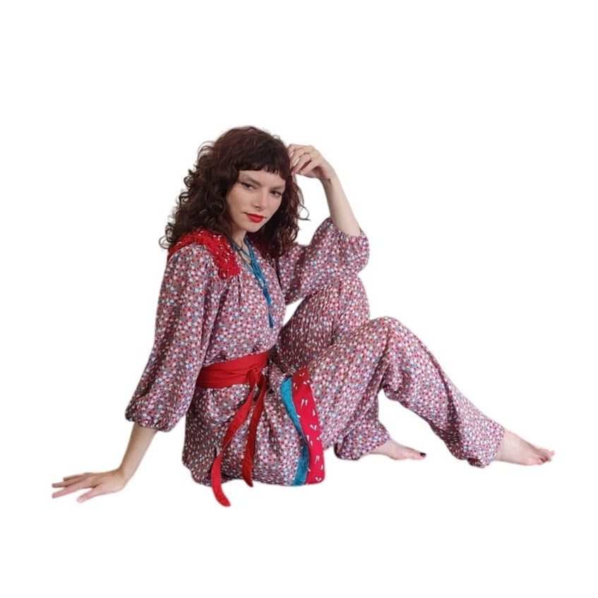 Vintage 1980s Lachine Tunic + Pants Set Polyester Georgette Red Graphic Print / Medium