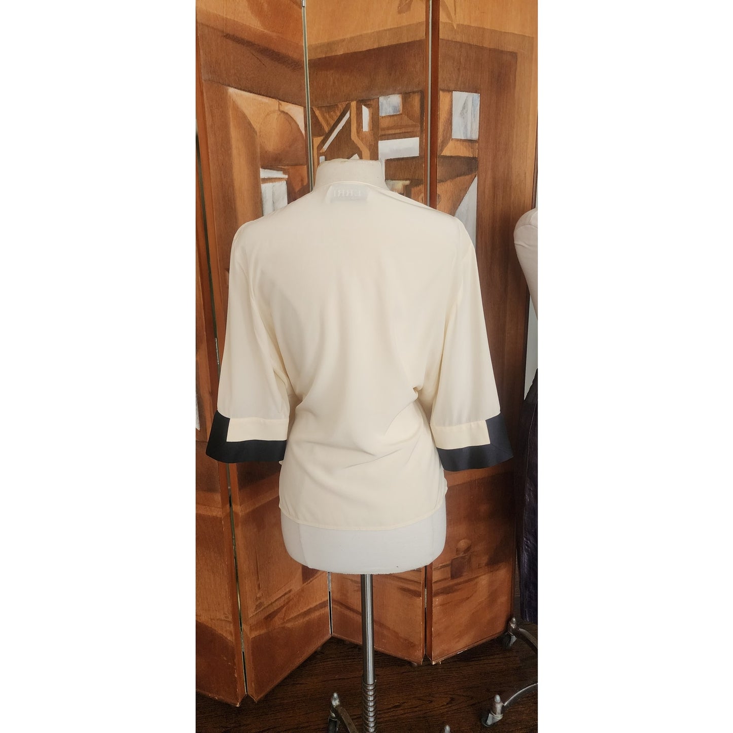 Vintage 90s Gianfranco Ferre Cream Silk Wrap Blouse Black Cuffs Asymmetrical Top