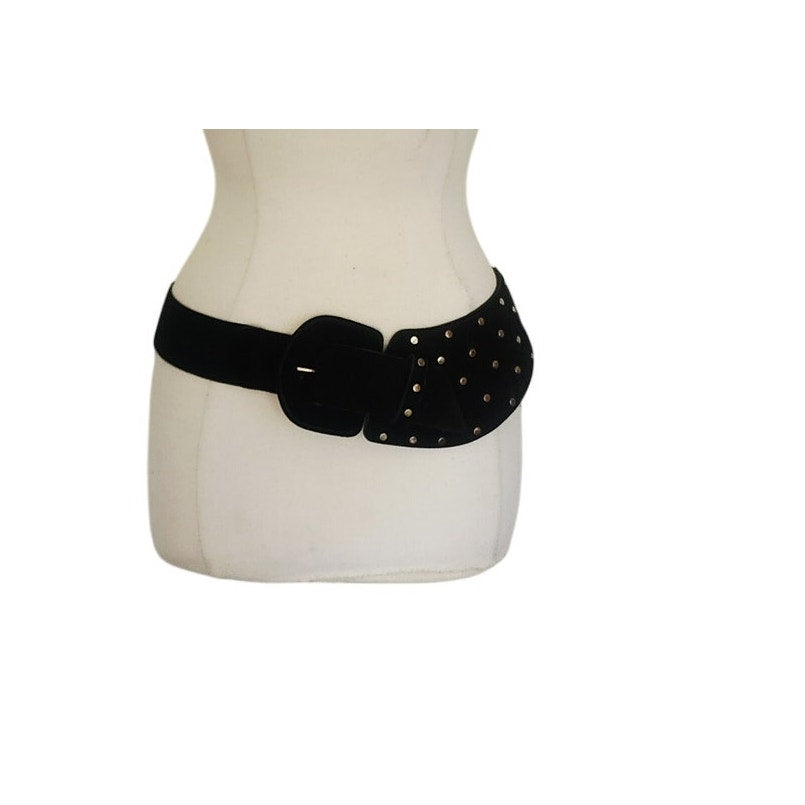 Leather Shop Belt Black Leather Studded Asymmetric Front Elastic Waist Gold Tone
