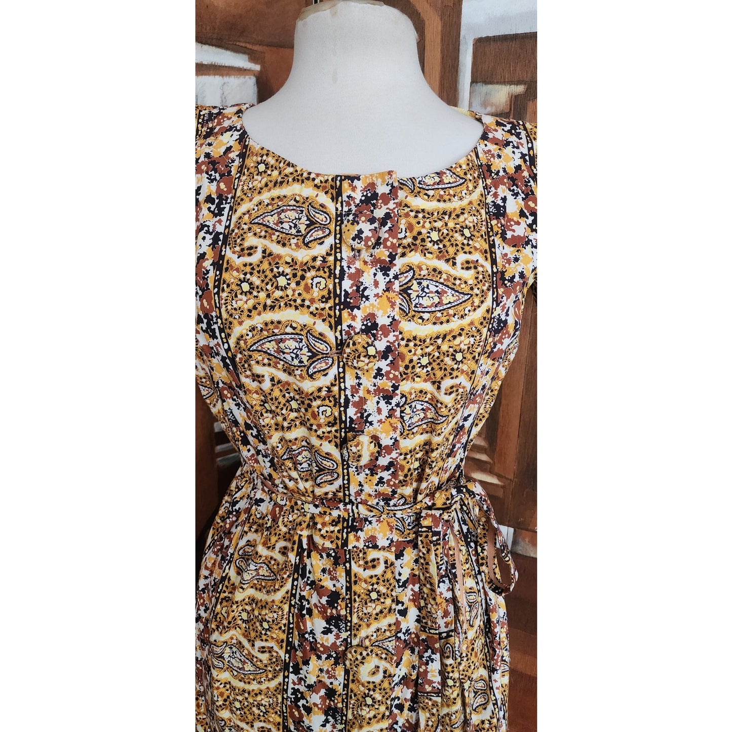Vintage 50s Cotton Print Day Dress Yellow Black Paisley Print Shirtdress / M
