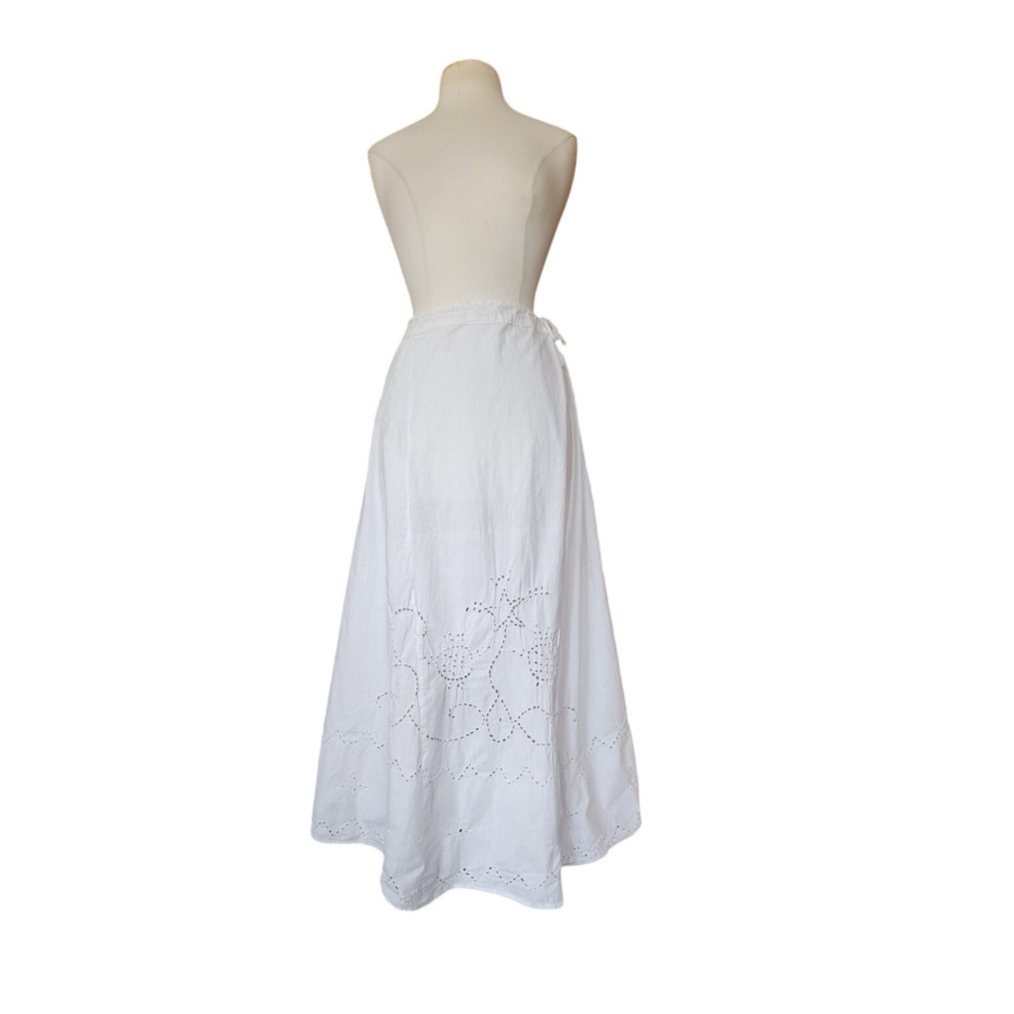Antique Edwardian Embroidered Petticoat Skirt Underskirt White Cotton Drawstring Waist L