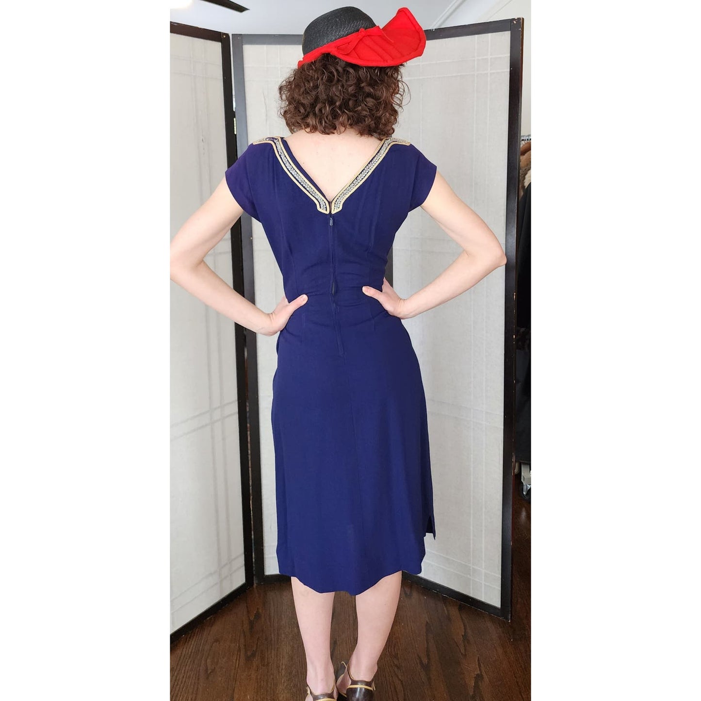 Vintage 40s Navy Blue Dress Beaded Rayon