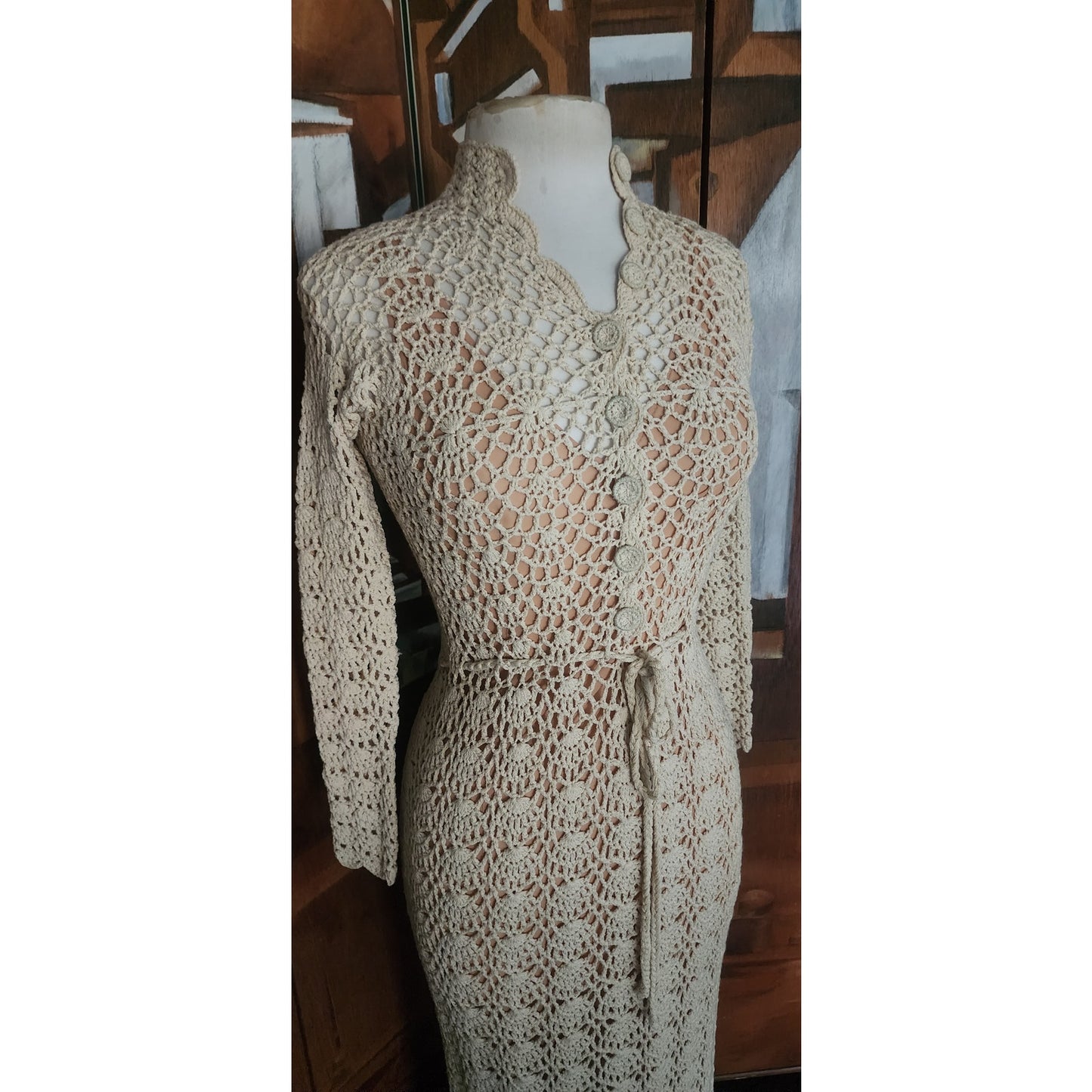 Vintage 1970s Cream Knit Maxi Dress Openwork Crochet Liner Long Sleeved Belted