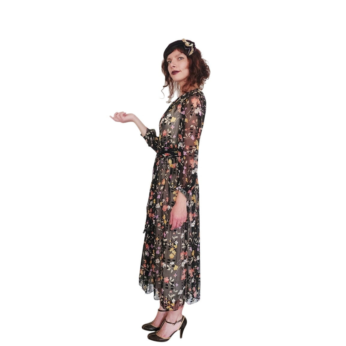 Vintage 1970s Dark Floral Print Dress Gauzy Maxi Sash Tie Belt