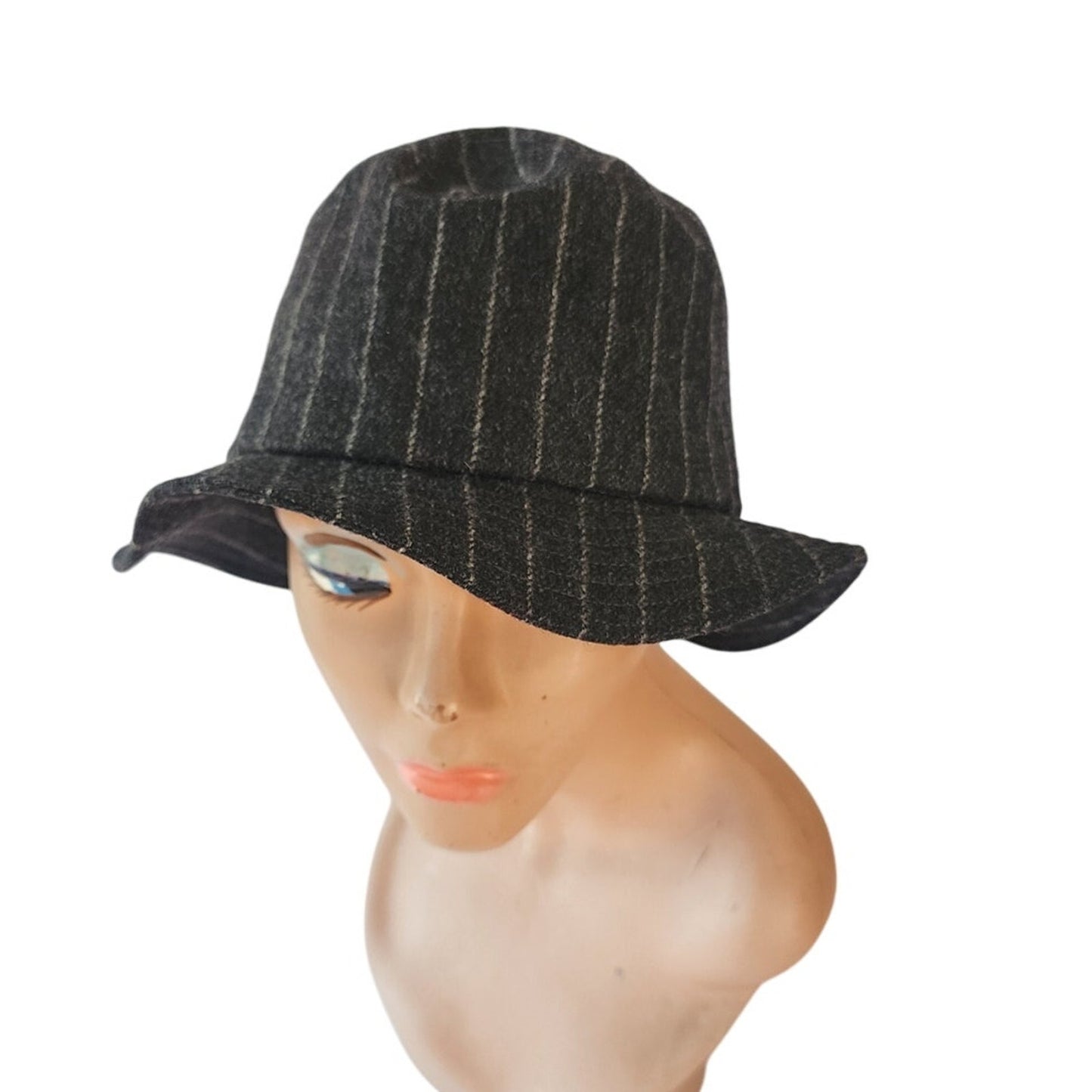 Vintage 1990s YSL Bucket Hat Yves Saint Laurent Gray Pinstriped Wool
