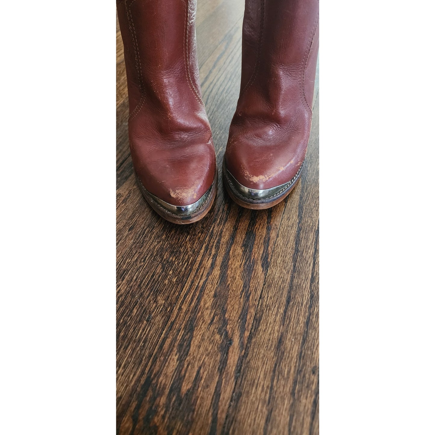 Vintage 70s Knee Boots Brown Leather High Heels Circle S Size 7